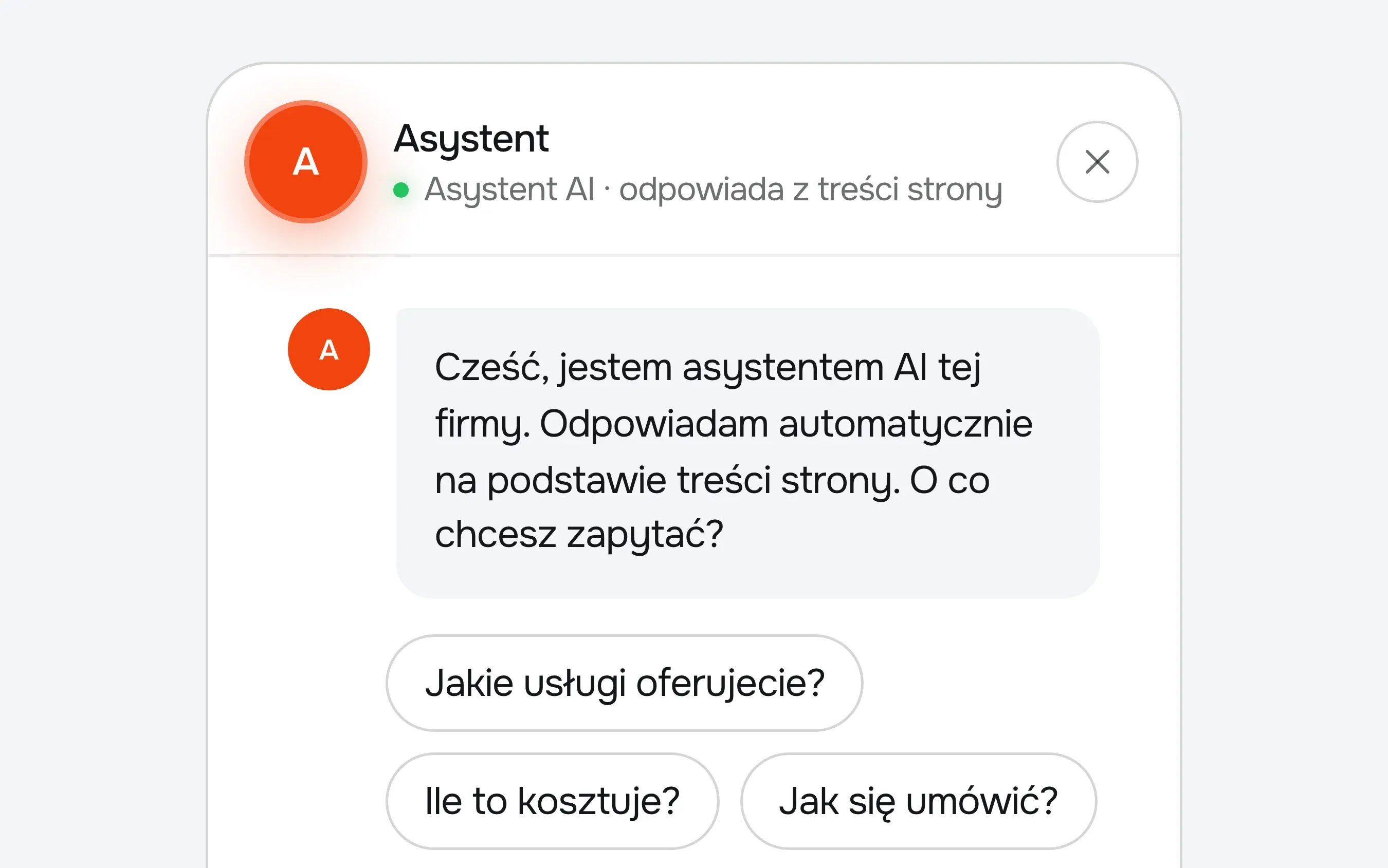 Górna część okna asystenta AI w wersji dla klienta: nagłówek „Asystent AI odpowiada z treści strony”, powitanie i trzy podpowiedzi pytań o usługi, cenę i umówienie